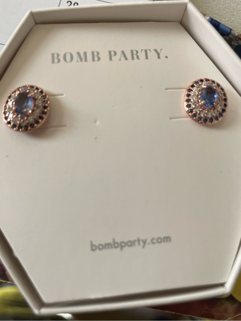 Bomb Party Rose Gold Stud Earrings with Blue Center
